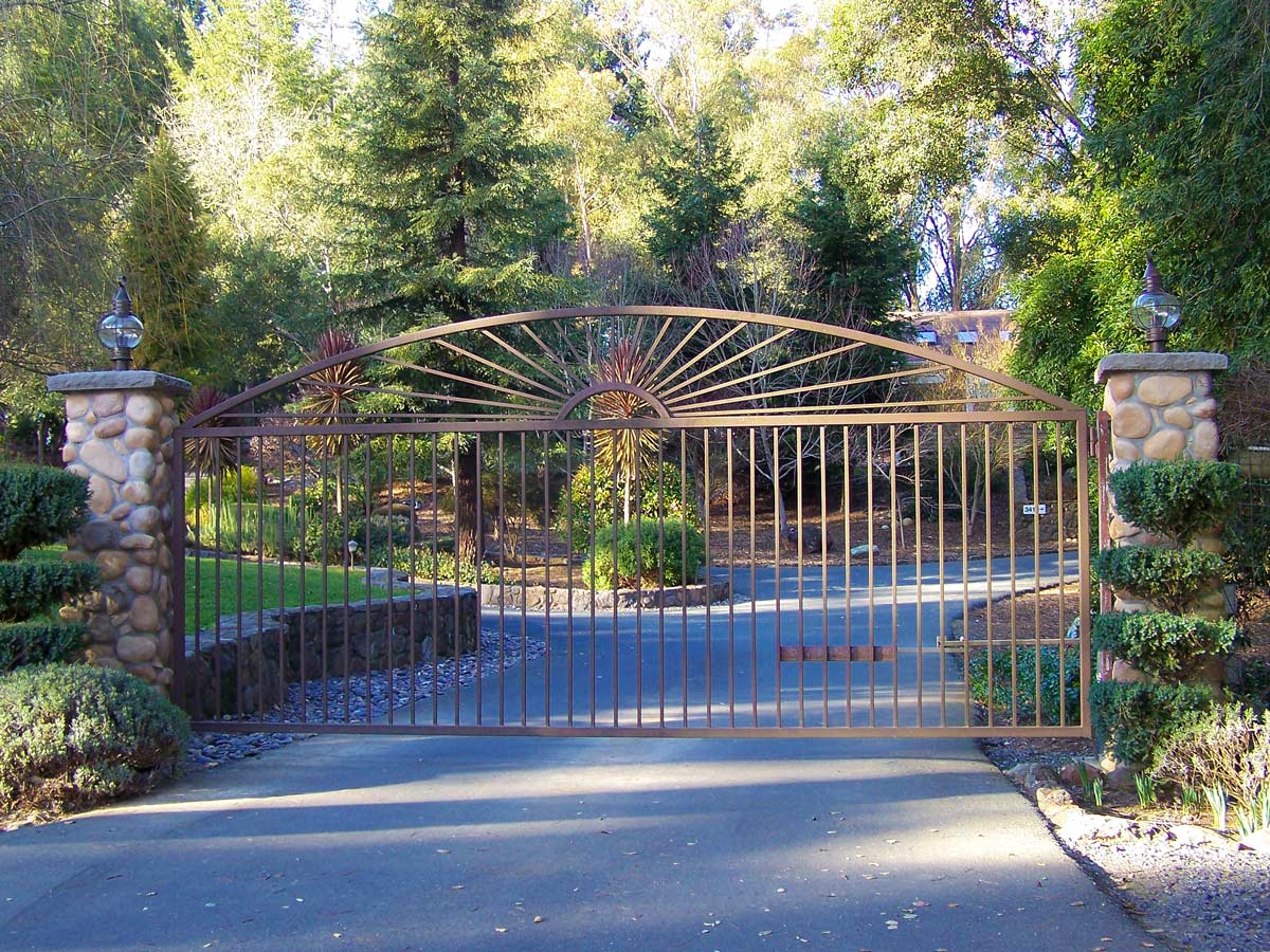 DiFranco Gate & Fence - Residential & Commercial Custom Automated Gate Contractor - Ornamental Iron - Sunburst style-simple single arch top-single swing entry gate-pc brown paint finish - Graton, CA